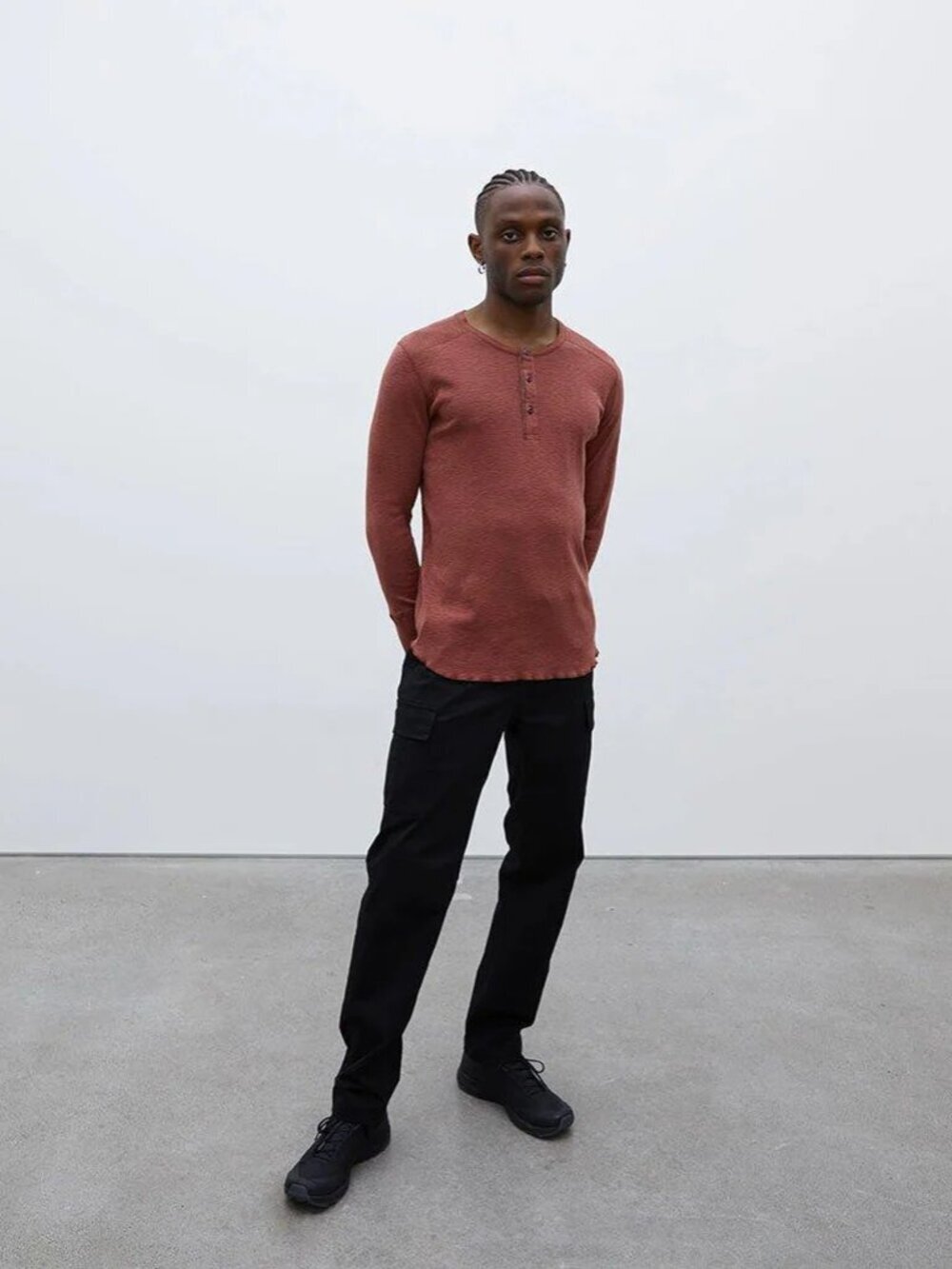 WINGS+HORNS 1x1 Slub Rib Knit Clay Red Cotton Jersey Henley T-Shirt, Size XL